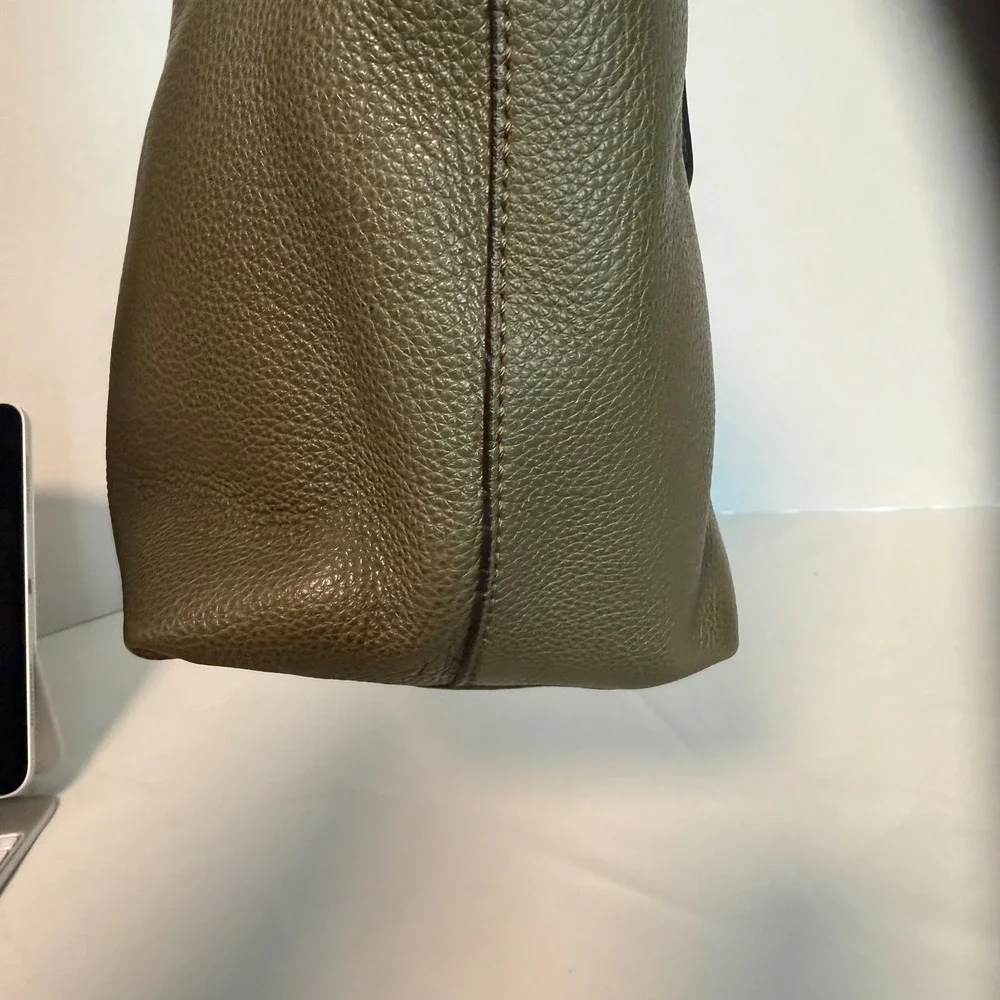 🔵 Furla Olive‎ Green Pebbled Leather Tote Bag Gold Hardware Shoulder Italy